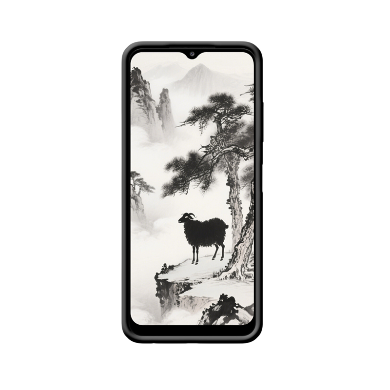 Schwarzes Schaf in Bergruhe – Galaxy A22 5G Hülle in Tuschekunst – Bild 2