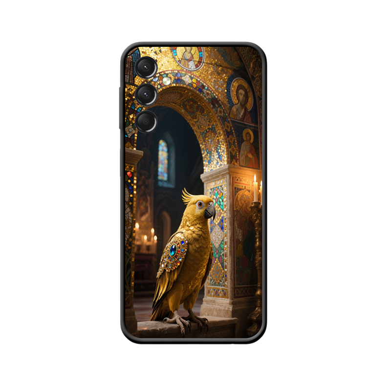 Heiliger Glanz: Goldener Papagei und die Galaxy A24 Hülle im Wunder