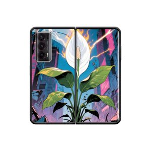 Urbane Kontraste: HONOR Magic V2 Hülle mit Spathiphyllum in der Cyberpunk-Welt
