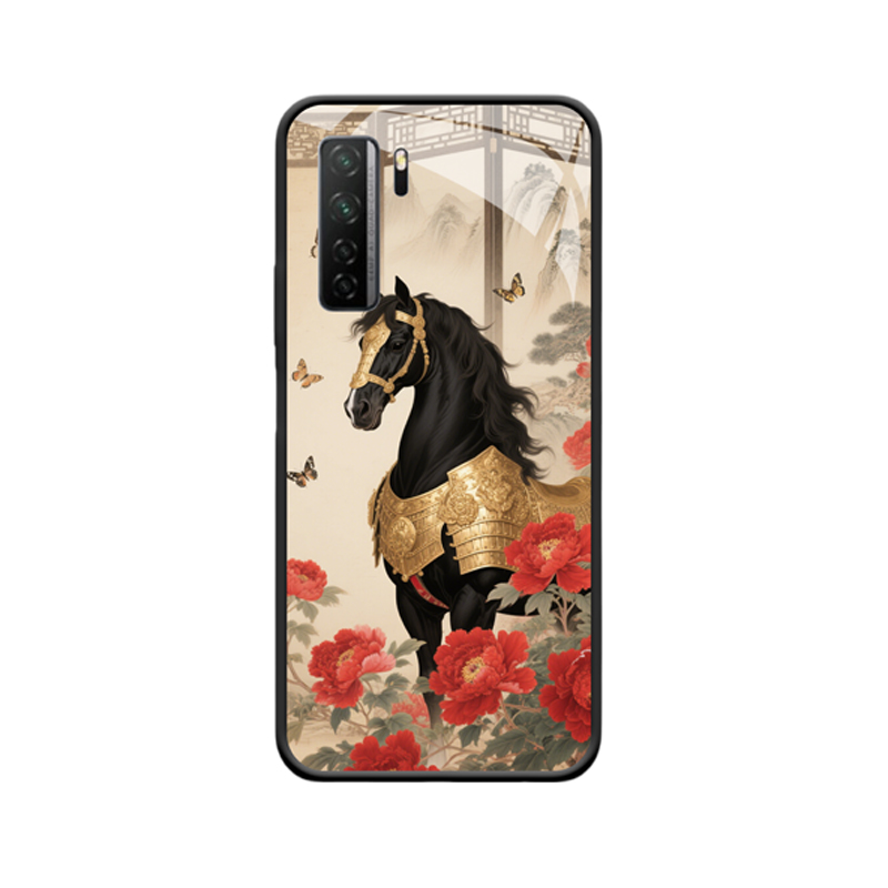 Huawei P40 Lite 5G Hülle: Eleganz des schwarzen Pferdes mit goldenen Sätteln