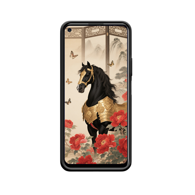 Huawei P40 Lite 5G Hülle: Eleganz des schwarzen Pferdes mit goldenen Sätteln – Bild 2