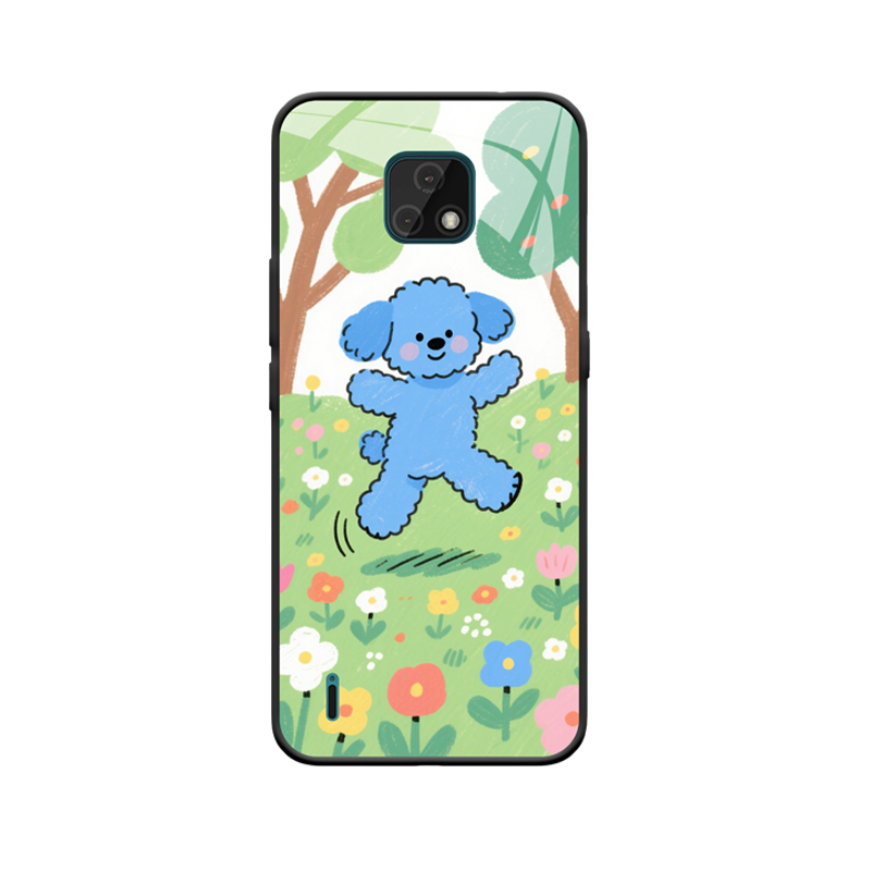 Moto E7 Hülle und der fröhliche blaue Welpe im Frühling